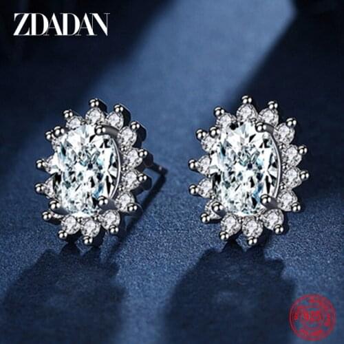 ZDADAN 925 Sterling Silver Oval Gemstone Stud Earrings For Women Fashion Wedding CZ Jewelry Gifts