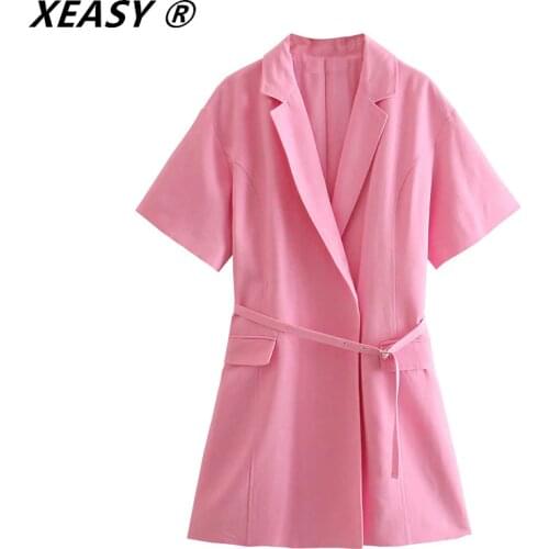 XEASY Za 2021 Blazer Dress Woman Pink Wrap Short Summer Dresses Women Belt Short Sleeve Mini Dress Elegant Casual Dresses
