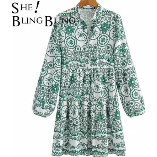 SheBlingBling Za Woman 2021 Summer Porcelain Print Green Dress Long Sleeve Button V High Waist Female Casual Mini Traf Dresses