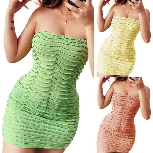 Strapless Pleated Skinny Dress Womens Sexy Tube Tops Ruched Ruffle Dresses Fashion Solid Color Off Shoulder Bodycon Vestidos
