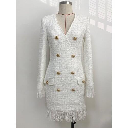 HIGH QUALITY Newest 2020 Designer Runway Dress Womens Long Sleeve Metal Lion Buttons Fringed woolen Tweed Tassel Dress