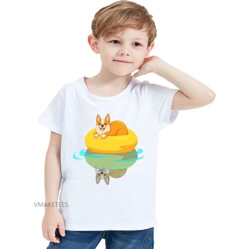2018 Girls & Boys Short Sleeve T shirt Summer Corgi Swimming Print T-shirt Baby Kids Funny Cartoon Clothing,HKP5658