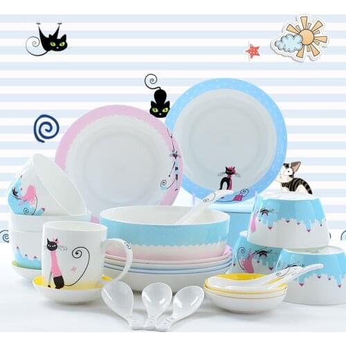 28pcs/set, bone china korean dinnerware set, bone china tableware plates sets, cute cat design, kitty ceramic food storage