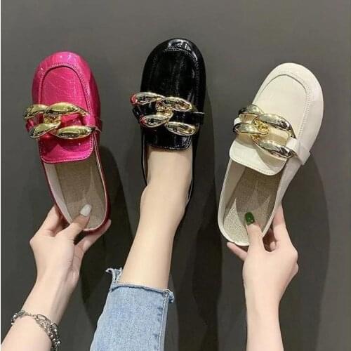 Chain Baotou Sandals Womens Summer 2021 New Korean Version All-match Thick Bottom Flat Bottom Wearing Round Toe Half Drag