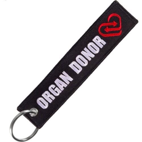 Fashion Keychain Organ Donor Keychains Holder for Motorcycles REMOVE BEFORE FLIGHT Key Fobs Organ Donor Embroidery KeyRing Chain