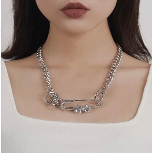New Design Crystal Big Zircon Pin Pendant Choker Necklace Punk Silver Color Metal Chunky Chain Necklace For Women Jewelry 2021