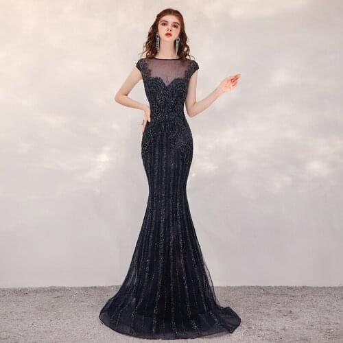 CRYSTAL JIANG 2020 Black Mermaid Evening Dresses Long Heavy Beaded Sheer Neck Sleeveless Formal Party Gown for Women