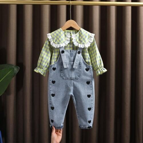 2 3 5 6 year babys birthday girls clothes outfit sets plaid shirt love denim overalls suit for toddler girl baby clothing sets