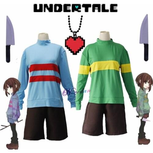 Frisk Chara Undertale Cosplay Costume Men Women Clothing Set High Collar Sweatshirt Jacket Shorts Knife Heart Necklace