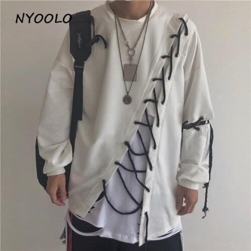 NYOOLO Harajuku style Split tie loose Hip hop tee shirt Autumn streetwear long sleeve o neck t-shirt women men clothing top
