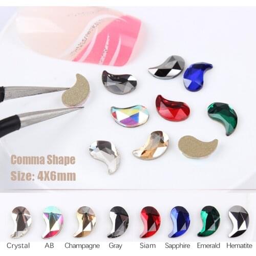 Hot sale 4x6mm Comma Shape Nail Art Rhinestones 6 Color Crystal Stone 30 / 100Pcs For DIY Nail Art Decorations