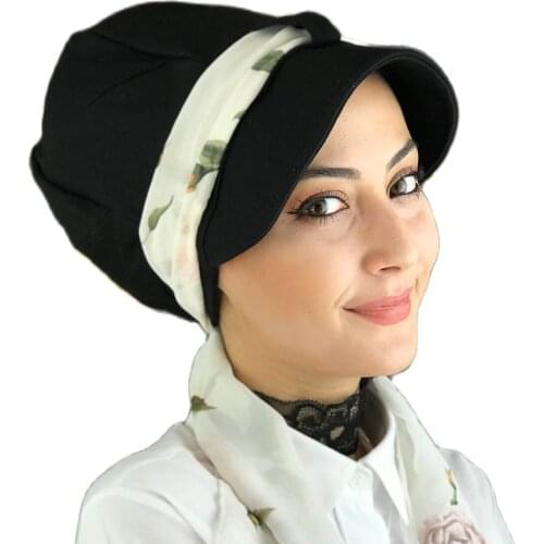Islamic Fashion Muslim Women Hijab 2021 Trend Single Size Bathing Cap Beret Ready Shawl Scarf Buckle Hat Black Scarf Female Hat