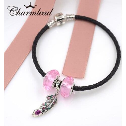 Charmlead Bracelet Set Black Real Leather 925 Sterling Silver Barrel Clasp 2pc Murano Glass and 1 pc Feather Charm Pendant