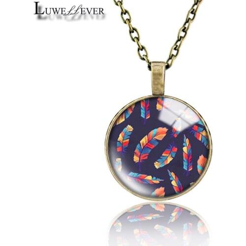 Feather Necklace 726 25mm Bronze 30mm Wood Rhinestone Double-sided Moon Round Glass Pendant For Women Gift