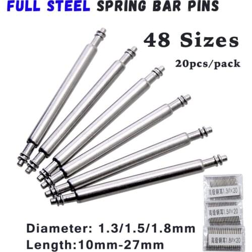 20pcs 10mm to 27mm Full Stainless Steel Spring Bar Release Spring pins Watch Band Strap Replacement Straight Pin D1.3 1.5 1.8mm