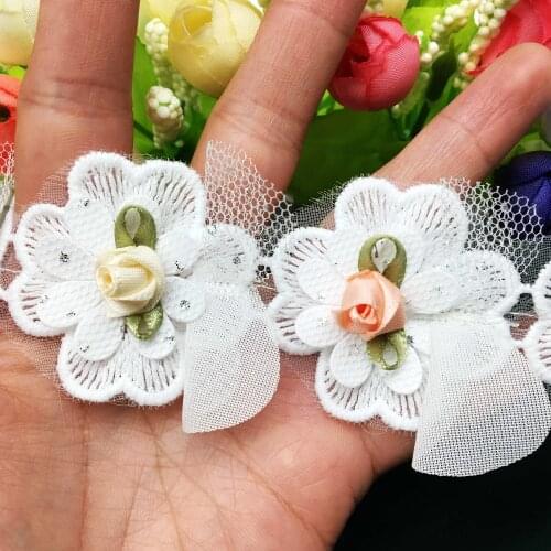 20x Cotton Colorful Pearl Rose Flower Embroidered Mesh Lace Trim Ribbon Fabric Sewing Craft For Costume Wedding Dress Decoration