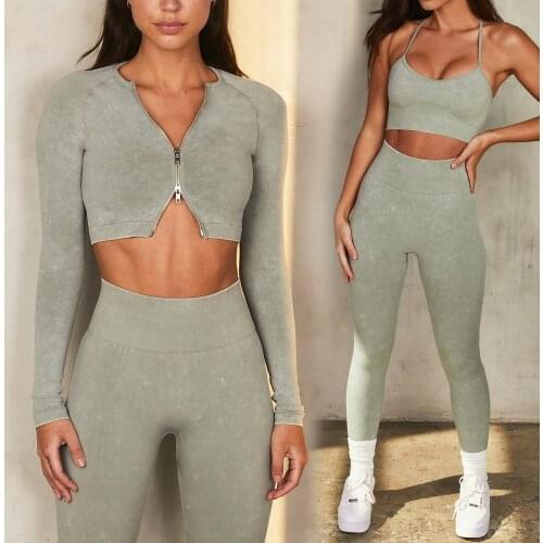 Sand Washed Imitation Denim Seamless Knitted Yoga Suit Double Zipper Long Sleeve Gym Outfits Legging Shorts Sports Fitness Suit