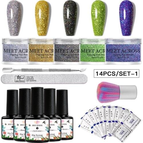 MEET ACROSS 7/10/13/14pcs Nail Dipping Powder Set Acrylic Glitter Sequins Pigment Powder Natural Dry Chrome Dust Nail Art Decal