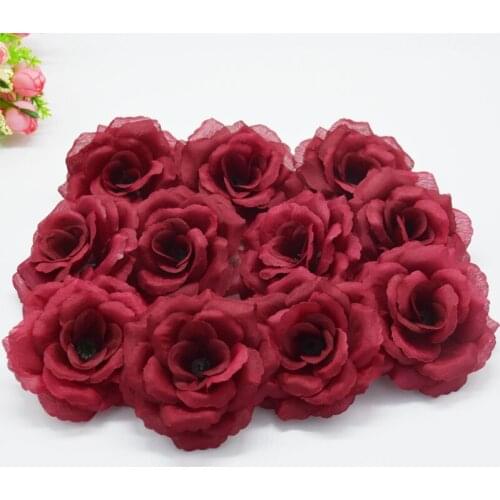 Yoshiko 1PC 8cm Wine Red Rose Flower Head Silk Artificial Flowers For Home DIY Garland Christmas Wedding Gift Xmas Ornament