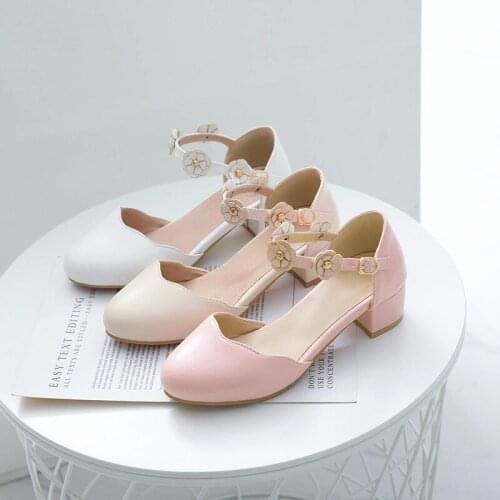 YQBTDL Sweet Party Wedding Women Shoes High Heel White Pink Flower Buckle Mary Jane Chunky Heels Ladies Shoes Pumps Summer 2020