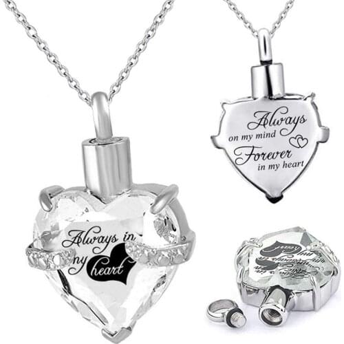 Stainless Steel Cremation Jewelry Heart Ashes Keepsake Crystal Pendant Urn Necklace Ashes Engraved Keepsake Memorial Pendant