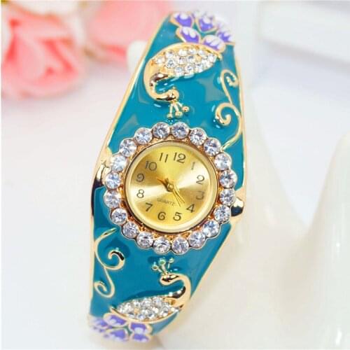 Women Brand Luxury Peacock Craft Bracelet Gold Dress Watch Folk Style Lady Gold Bangle Enamel Diamond Bracelet Quartz Wristwatch