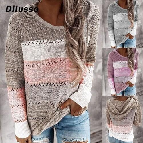 Women Hooded Lightweight Knit Tops Shirt Pullover Long Sleeve Stripe Pullover Top Shirt Pullover 2020 Fashion Tops#D3