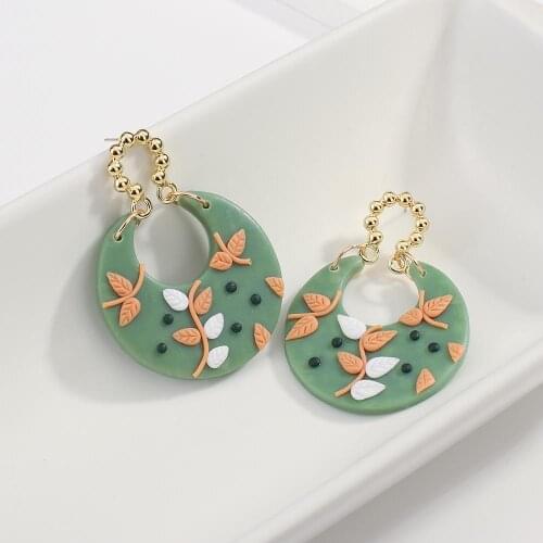 AENSOA New Design Handmade Leaf Round Polymer Clay Earrings For Women Geometric Pendant Earring Fashion Jewellery Pendientes
