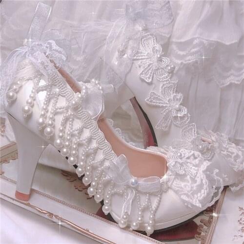 Princess Kawaii Tea Party Japanese Cute Anime Lolita Shoes Cosplay Women Feminine Lace Bow Pearl High Heel Cosplay Big Size 42