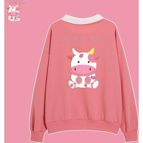 Women Comfy Cute Sweatshirts Hoodie Cute Strawberry Cow Womens Loose Thin Hoodies Collar Sweatshirt Ulzzang Pullover Aesthetic