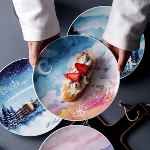 2020 Creative Starry Sky Steak Plate Dinnerware Nordic Ins Pink Girl Heart Unicorn Ceramica Plates Breakfast Home Dish Tableware