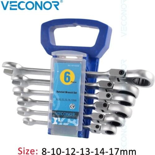 6Pcs Ratchet Wrench Keys Set Combination Ratcheting Spanner 8-17mm Dull Polish 72T Flexible Ratchet Head Multi Tools with Rack