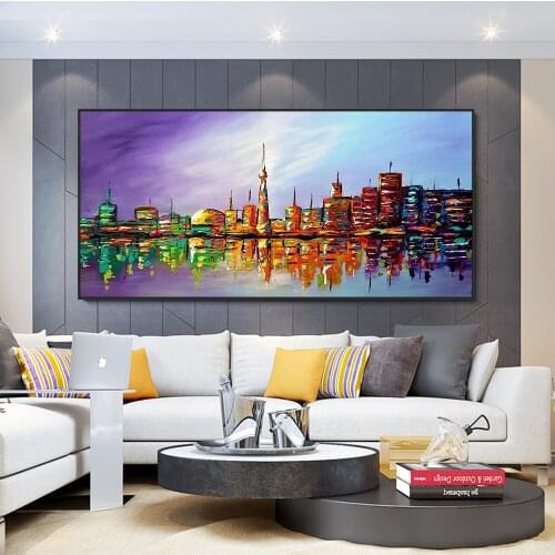 Abstract 100% Hand Painted Colorful City Building Oil Painting On Canvas Thick Knife Painting Wall Art For Living Room Decor