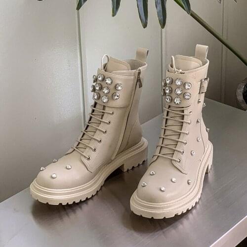 Ankle Boots Women Genuine Cow Leather Lace-Up Round Toe Lady Booties Autumn Winter Platform Sole Shoes Handmade