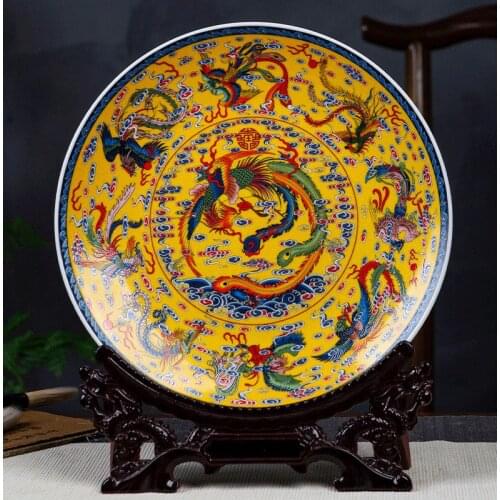 Fengshui Art Ceramic Ornamental Plate Ancient China Nine Phoenix Decoration Wood Base Porcelain Traditional Chinese Plate Set