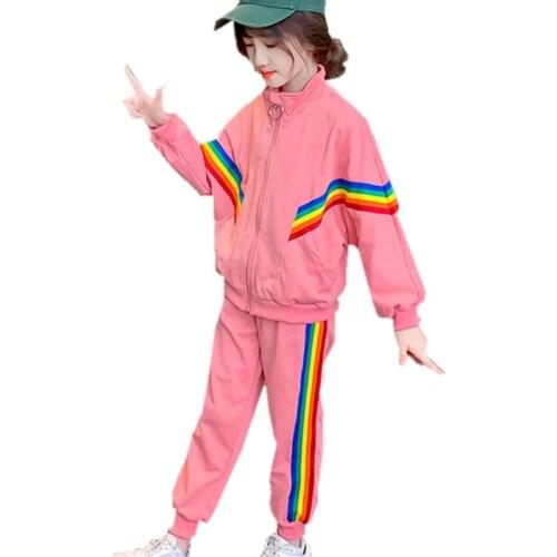 Kids Sport Clothes Girls Childrens Clothes For Girls Rainbow Striped Coat + Pants Girl Clothing Teenage Children Costume 5-14Y