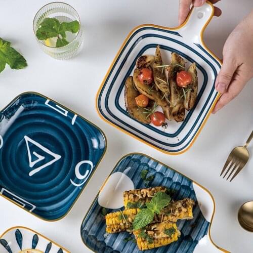 Single handle ceramic plate creative square simple baking tray household flat glazed tableware