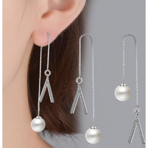 KOFSAC New Fashion 925 Silver Earrings For Women Exquisite V Shape Full Inlay CZ Pearl Eardrop Jewelry Valentines Day Gifts Hot