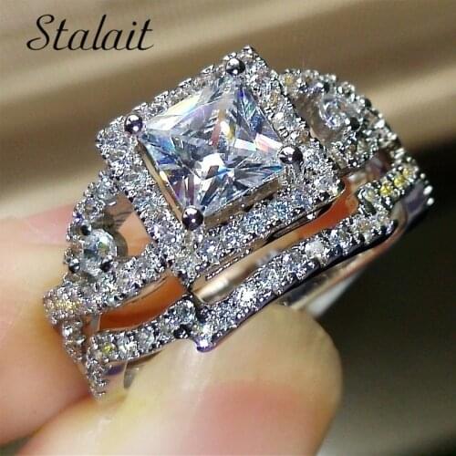 Silver Color Halo Engagement Ring Set For Women Cubic Zirconia Jewelry Genuine Double Ring Set