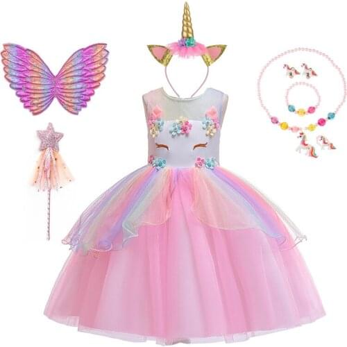 Girls Unicorn Costume with Hair Band Wings Suit Kids Baby Flowers Rainbow Tutu Birthday Party Princess Cosplay Dress