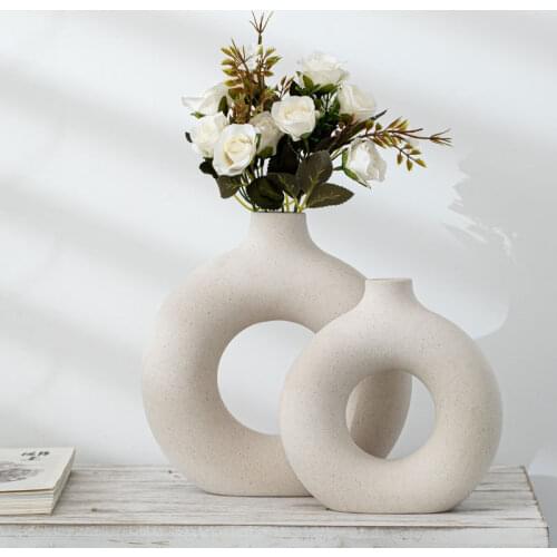 Circular Hollow Ceramic Vase Donuts Flower Pot Decoration Accessories Office Desktop Living Room Interior Decor Gift