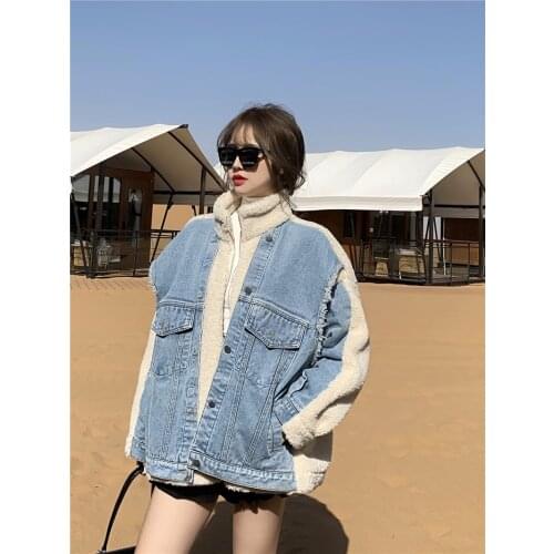 Denim stitching lamb fur spring and winter Korean style stand-up collar thickened loose fake two-piece cotton jackets parkas