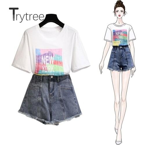 Trytree 2020 Summer Women Two Piece Set Casual O-neck Rainbow Letter Loose Top + Cowboy Shorts Button Tassel Pockets 2 Piece Set
