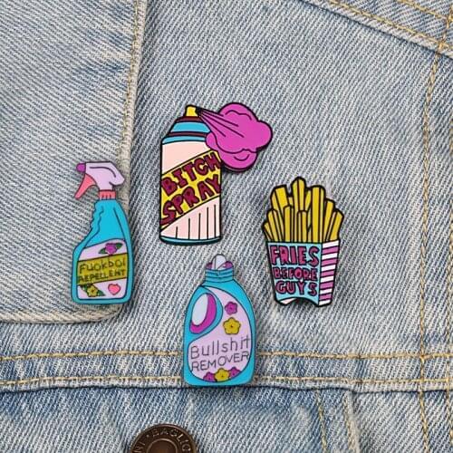 Mini Brooches Cartoon Detergent Remove Repellent Fries Spray Enamel Pins for Women Girl Men Shirt Denim Lapel Button Pin Jewelry