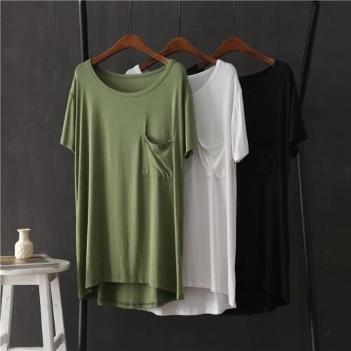Modal pocket long women t-shirts 2020 summer new slash neck solid casual female pulls outwear tops tees