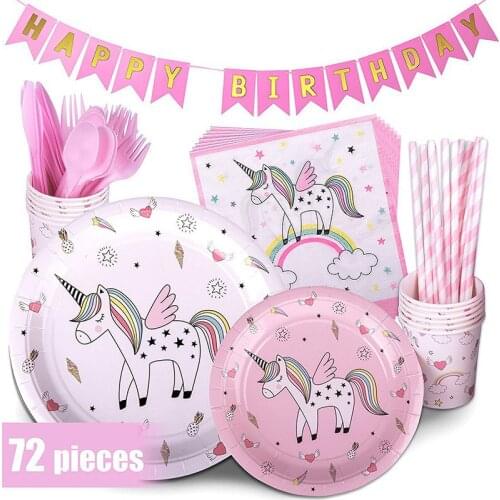 72Pcs/Set Unicorn Birthday Party Decor Kids Birthday Unicorn Disposable Tableware Set Paper Plate Cup Baby Shower Girl Decor