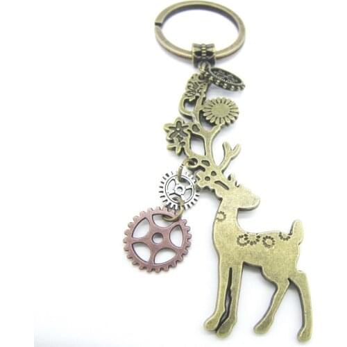 New Development Pretty Reindeer with Gear Charms DIY Steampunk Key Chain Christmas Accessory