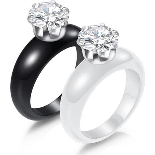 New Womens Fashion Simple Black White Ceramic Love Ring Crystal Rings Accessories
