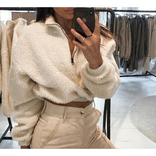 Wholesale Turtleneck Lamb Wool Zipper Sweater Fashion Thickened Warm Puff Sleeve Elastic Waist T-shirt Coat Female Wholesale