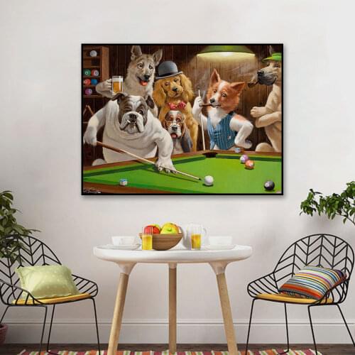 Dogs Playing Pool Billiard Wall Art Canvas Printing Dog Dress Picture Funny Animal Prints Posters for Living Room Home Decor